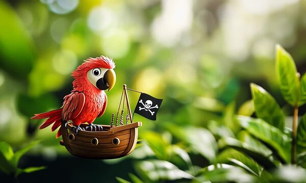 Colorful parrot character sailing on a small wooden pirate ship amidst lush green foliage