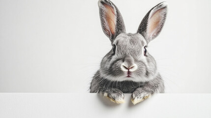 Obraz premium Close up shot of a gray rabbit with long ears peering over a white surface on a white background