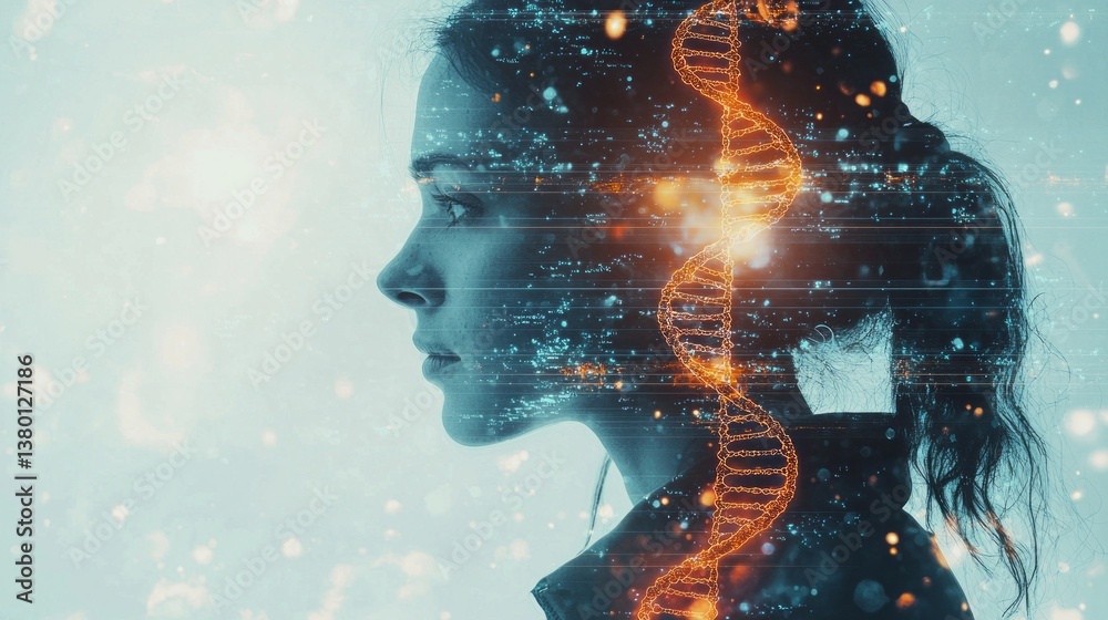 Poster In a high-tech laboratory, a dedicated scientist focuses intently on genetic research, contemplating new discoveries while surrounded by digital displays of DNA structures and data