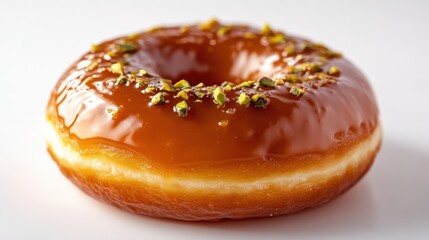 Glazed Donut with Caramel Topping and Chopped Pistachios Close-Up