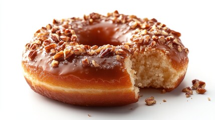 Glazed Doughnut with Nut Toppings and a Bite on White Background