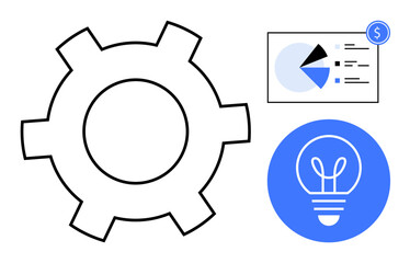 Gear as process, chart with financial data, and light bulb as innovation symbol. Ideal for business strategy, teamwork, finance, productivity, innovation, decision making flat simple metaphor