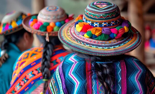 Indigenous quechua woman wearing a colorful, handmade hat decorated with pom poms and traditional clothing