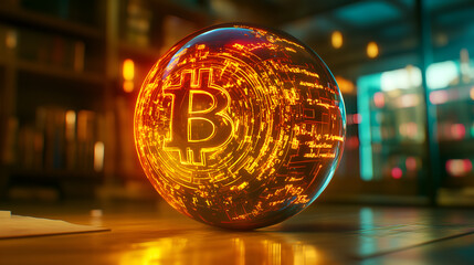 Fototapeta premium a glowing bitcoin symbol encased in a transparent orb, symbolizing digital currency and financial technology. The background features a blurred library setting, adding depth and context
