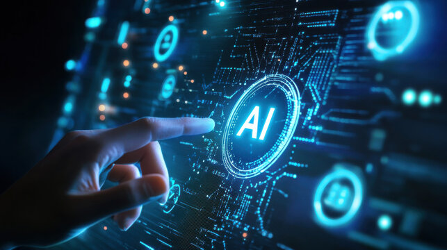 Fingertips Engaging 'AI' Display, Emblematic of Artificial Intelligence and Machine Learning Progress.