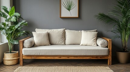 interior living space adorned with a wooden frame sofa botanical elements and a jute rug radiating a cozy and organic ambiance within