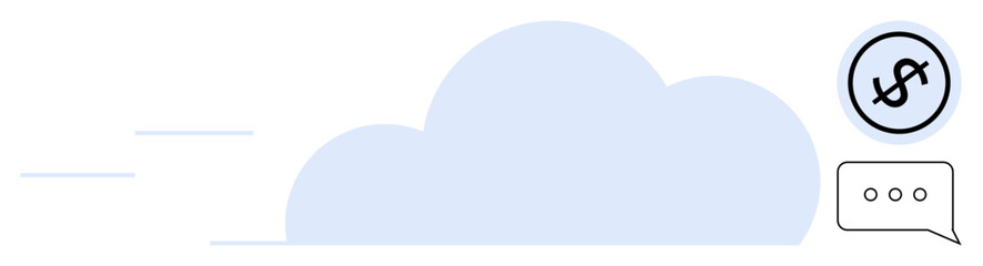 Large cloud shape with motion lines, a dollar sign in a circular element floating above, and a speech bubble with dots. Ideal for finance, technology, digital economy, savings, growth, cloud storage