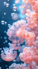 Pastel aesthetic art, A mesmerizing underwater scene showcasing vibrant jellyfish with bubbles.