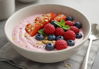 Healthy Yogurt Bowl with Berries and Oatmeal, Breakfast Food Photography - Macro Close Up, Dessert, Refreshing Dish.