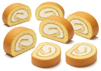 A delightful arrangement of seven swiss roll slices with creamy filling on a white background space