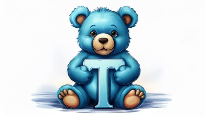 Illustration of cute blue teddy bear with letter T. Baby name reveal after child birth. Stuffed animal on white background