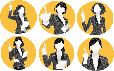 オフィスで仕事をする女性たちのイラストセット(モノクロ)