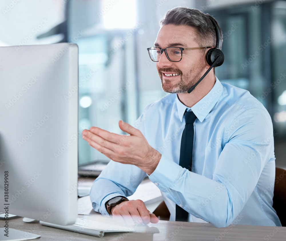 Poster customer service, call center and man on computer for talking, online help and sales consulting. cor