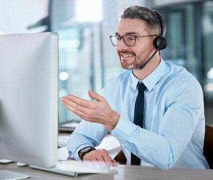 Customer service, call center and man on computer for talking, online help and sales consulting. Corporate office, telemarketing and person with headset for contact, crm support and communication - Powered by Adobe