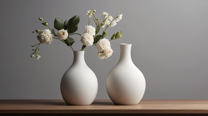 flowers in vase, two white vases in neutral background