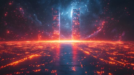 Fototapeta premium A glowing bridge connects towering skyscrapers symbolizing innovative business ventures