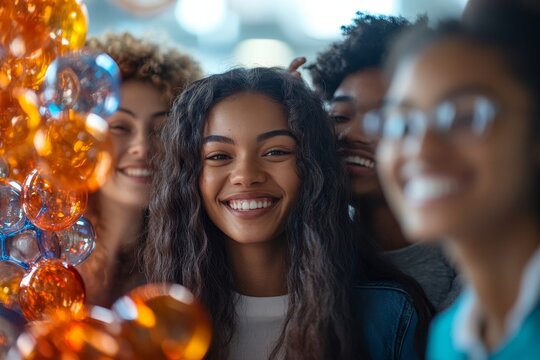 Waist up portrait of multi-ethnic group of business people applauding cheerfully while celebrating promotion during coffee break in office, copy space, Generative AI