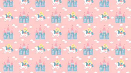 Seamless pink pattern with princess, unicorn and fairy castle. Cute fantasy vector illustration for children's fabric and wallpapers.
