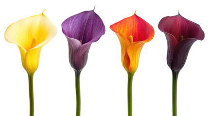 A striking arrangement of calla lilies in bold contrasting hues of yellow purple orange and red against a clean minimalist background