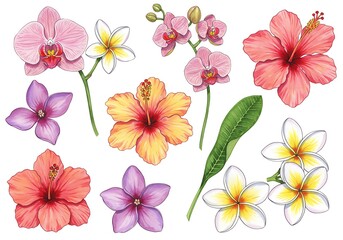 Watercolor tropical flowers. Hand painted illustrations isolated on white background