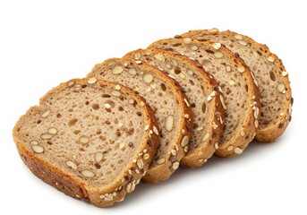 Slices of multigrain bread with seeds and grains arranged in a row on a white background surface