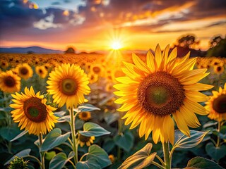 Obraz premium Bokeh magic captures vibrant sunflowers, softly blurred background, summer's golden glow.