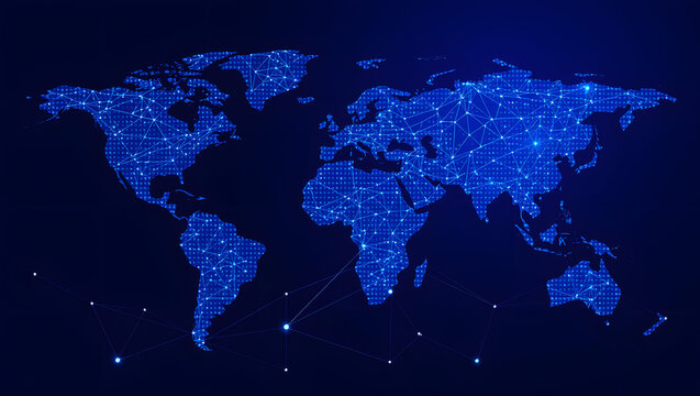 Fototapeta A stunning illustration showcasing a connected world map with digital data points and lines.