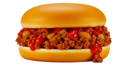 Close up of a sloppy joe sandwich with meat sauce and ketchup between two halves of a bun on black