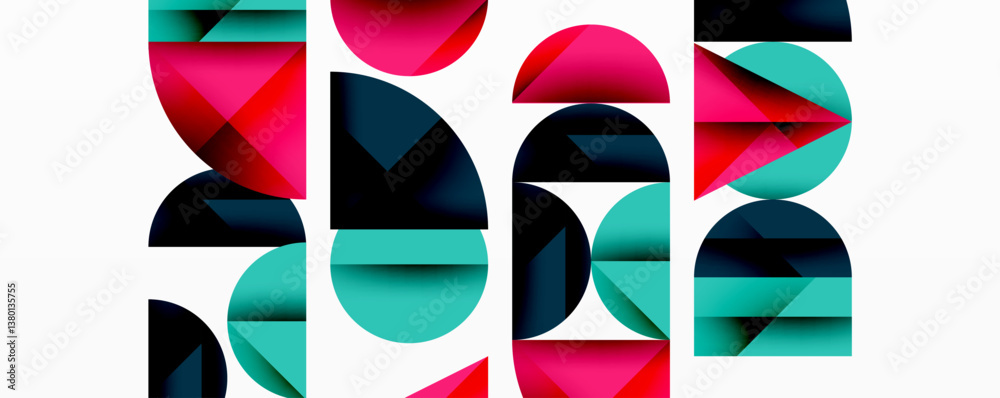 Poster Abstract geometric composition. Overlapping shapes create dynamic visual effect. Bright pink, teal, black colors dominate. Modern design, clean lines.