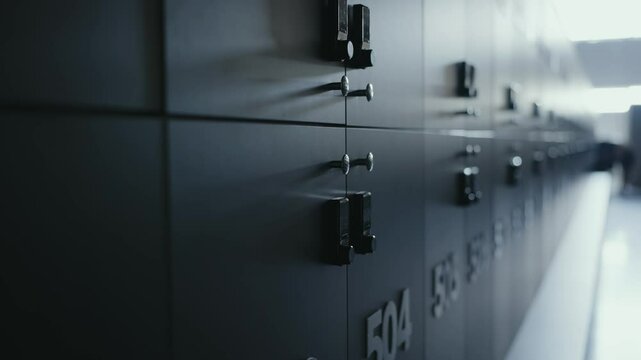 Close-up of modern gym lockers in a fitness center. Metal combination locks offer secure storage. A clean and organized environment for gym-goers. Numbered Gym Lockers in Modern Fitness Center