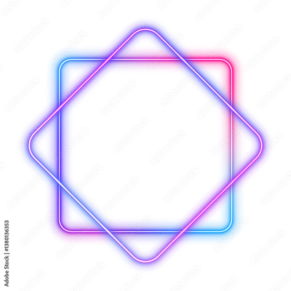 Poster Square rectangular frame with two color neon motion graphics on isolated transparent background in PNG and vector format. Blank copy space in the middle.