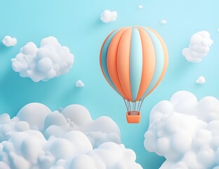 Fototapeta premium Hot air balloon floats among fluffy white clouds against a blue sky.