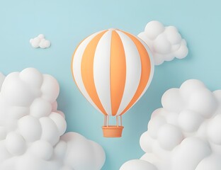 Hot air balloon illustration with clouds on a light blue background.