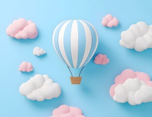 A blue striped hot air balloon surrounded by pink and white clouds on blue.