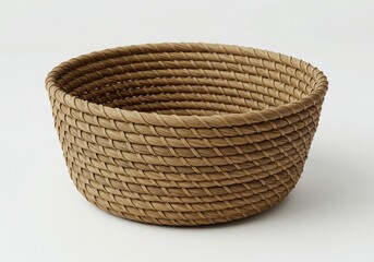 A woven basket made of natural fibers sits on a white surface in a minimalist style photograph