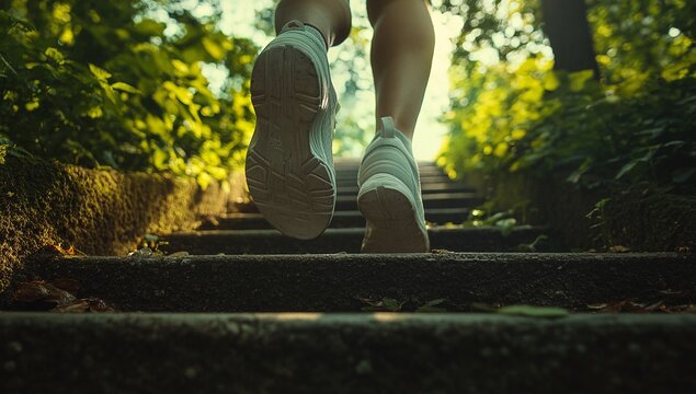 Woman's feet in sneakers climbing a stone staircase in a lush green park. Sunlight filters through the trees. Fitness and nature.