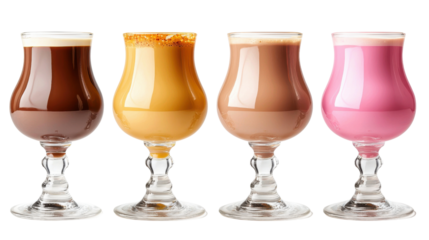 Diverse selection of craft beers ales porters and a pink drink displayed in a stylish glassware arrangement