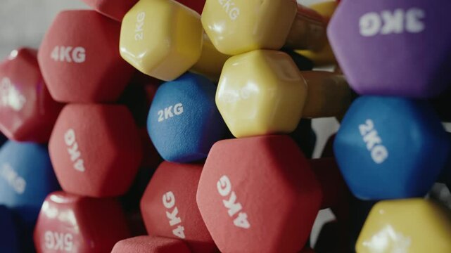 Close-up of colorful hexagonal dumbbells in a gym setting, highlighting a mix of 2kg and 4kg weights. Ideal for fitness, strength training, and exercise routines. Colorful Dumbbells Weighing