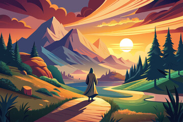 Fototapeta premium vector of The Christ walks along a winding path towards a stunning sunset, surrounded by lush greenery and majestic mountains. The sky is painted with warm...