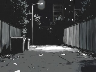 A dimly lit urban alley at night, featuring trash bins on the left side, surrounded by scattered debris, with tall buildings and a streetlight illuminating the scene in the background