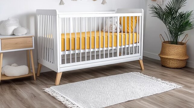 Modern White Crib with Mustard Yellow Bedding in Bright Nursery Room