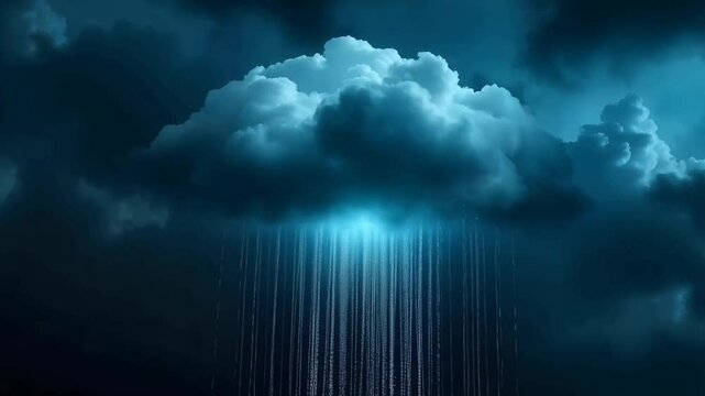 Digital cloud raining data represented by a neon blue cloud with rain