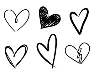 Hand-drawn black and white hearts set, doodle heart collection, sketch love symbols on white background