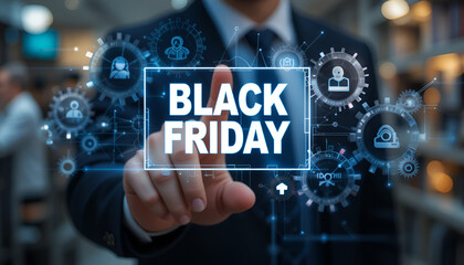 a businessman’s hand activating a Black Friday concept on a digital interface with rotating cogs, representing dynamic marketing, consumer demand, and retail technology innovation.