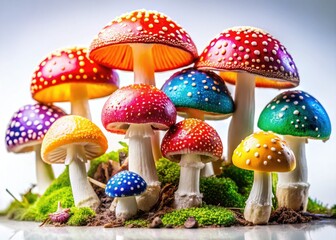 Obraz premium High-resolution images of vibrant, colorful mushrooms, both edible and non-edible, set against a clean white background.