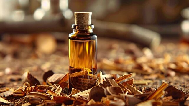 Essential Oil Elegance: A beautifully crafted bottle of essential oil sits amidst a bed of wood chips, radiating natural light and elegance. 