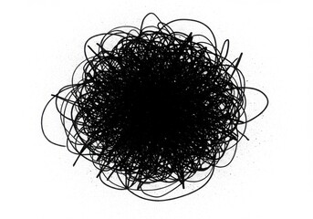 A black and white image of a dense cluster of tangled lines forming a circular shape on white background