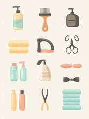 Collection of essential pet grooming products including brushes, scissors, and shampoo arranged on a clean background for easy viewing and selection
