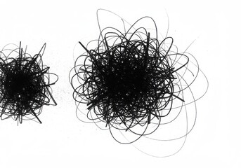 Two abstract scribbles of tangled black lines on a white background creating a chaotic appearance
