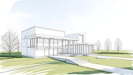Naklejka premium Architectural sketch of a modern house with a minimalist design and large glass windows.